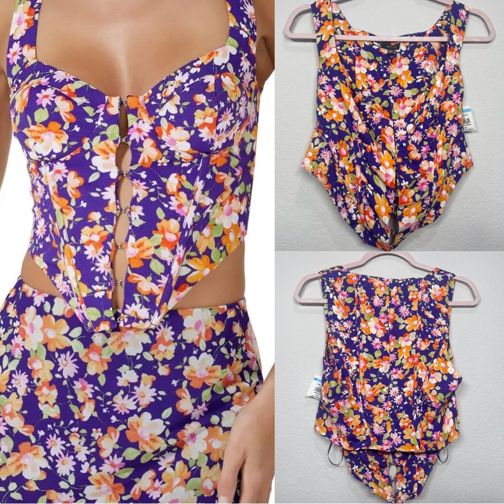 AFRM CORSET STYLE SLEEVELESS TOP MEDIUM FLORAL PURPLE ORANGE‎ COLORFUL SUMMER